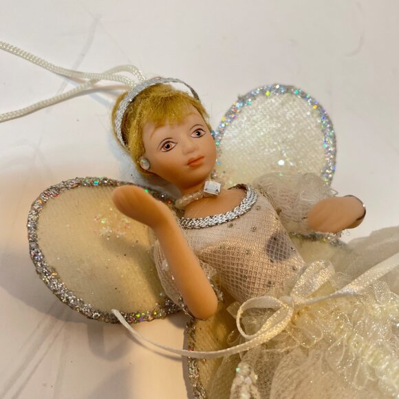 Vintage Handmade Tassel Angel Figurine with Glitter Wings & White Dress - Picture 8 of 9